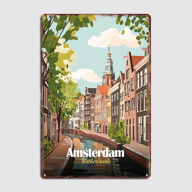 Home Decor Netherlands - Amsterdam Netherlands Canal Travel Poster Metal