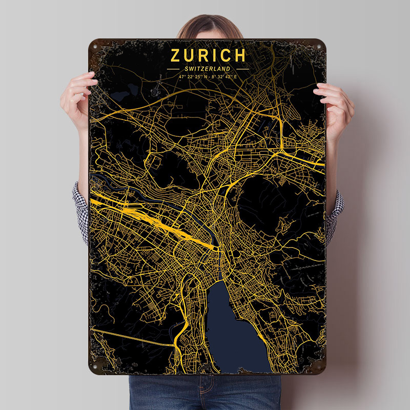 Home Decor Zurich - Zurich Golden City Map Metal Poster